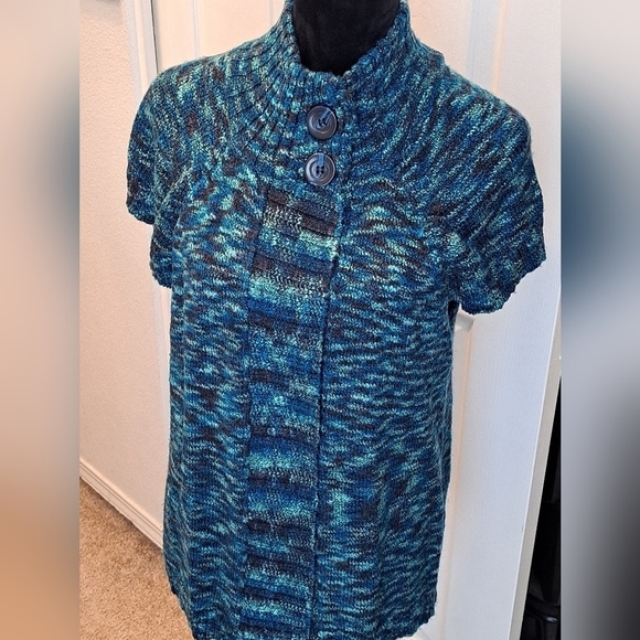 Erika Marled Blue Short Sleeve Cardigan    Size L - Picture 1 of 6
